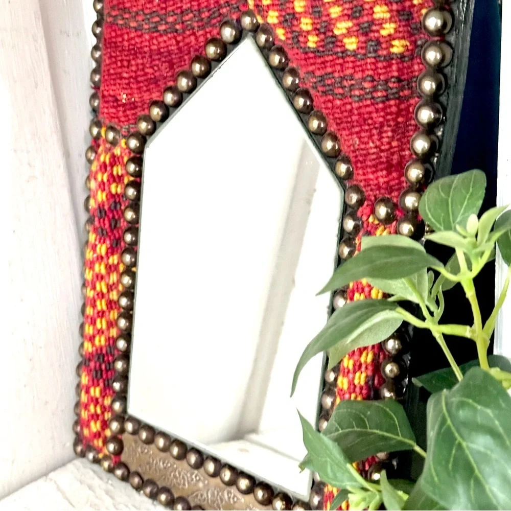 Egyptian Kilim Rug Mirror Studs Vibrant Colors With Carved Metal Red And Gold